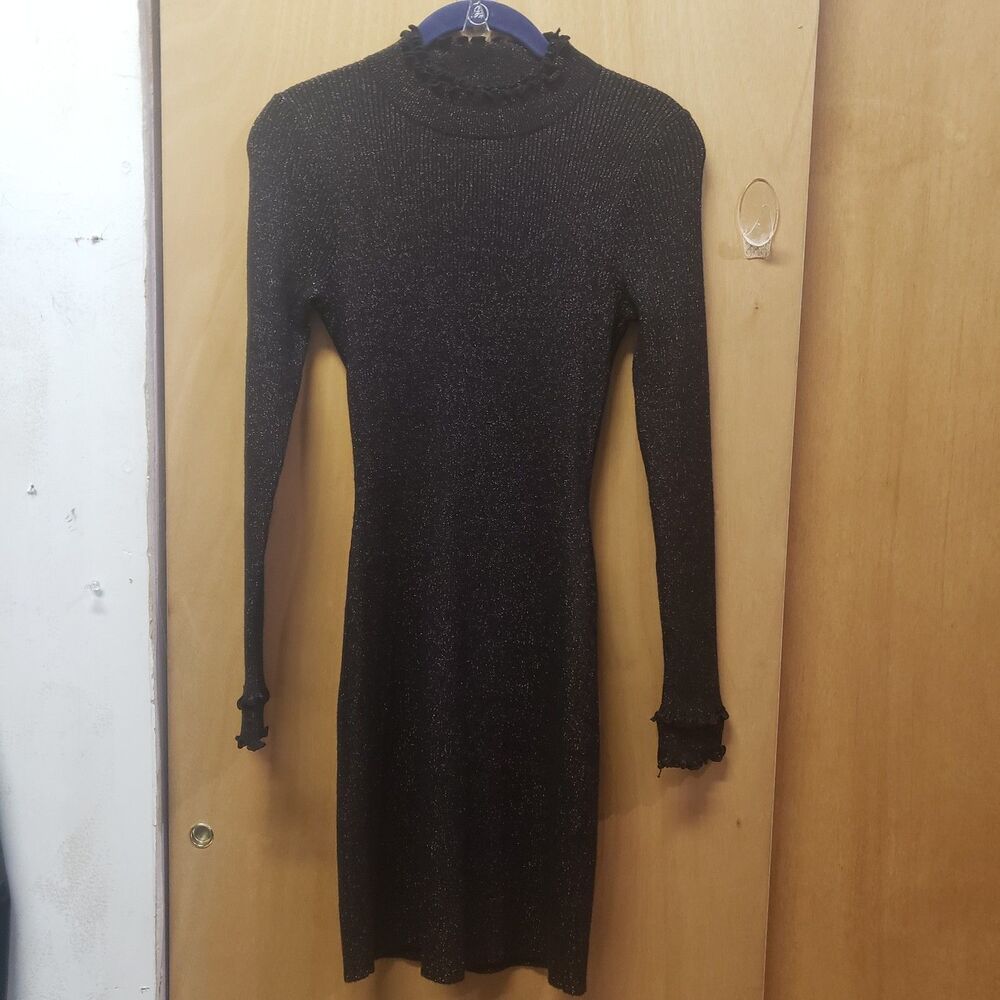 FASHION YOU Mock Neck Brown metallic ribbed bodycon dress w long sleeves Sz 8